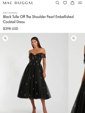 Mac Duggal Black Off-the-Shoulder Pearl-Accented Tulle Cocktail Dress